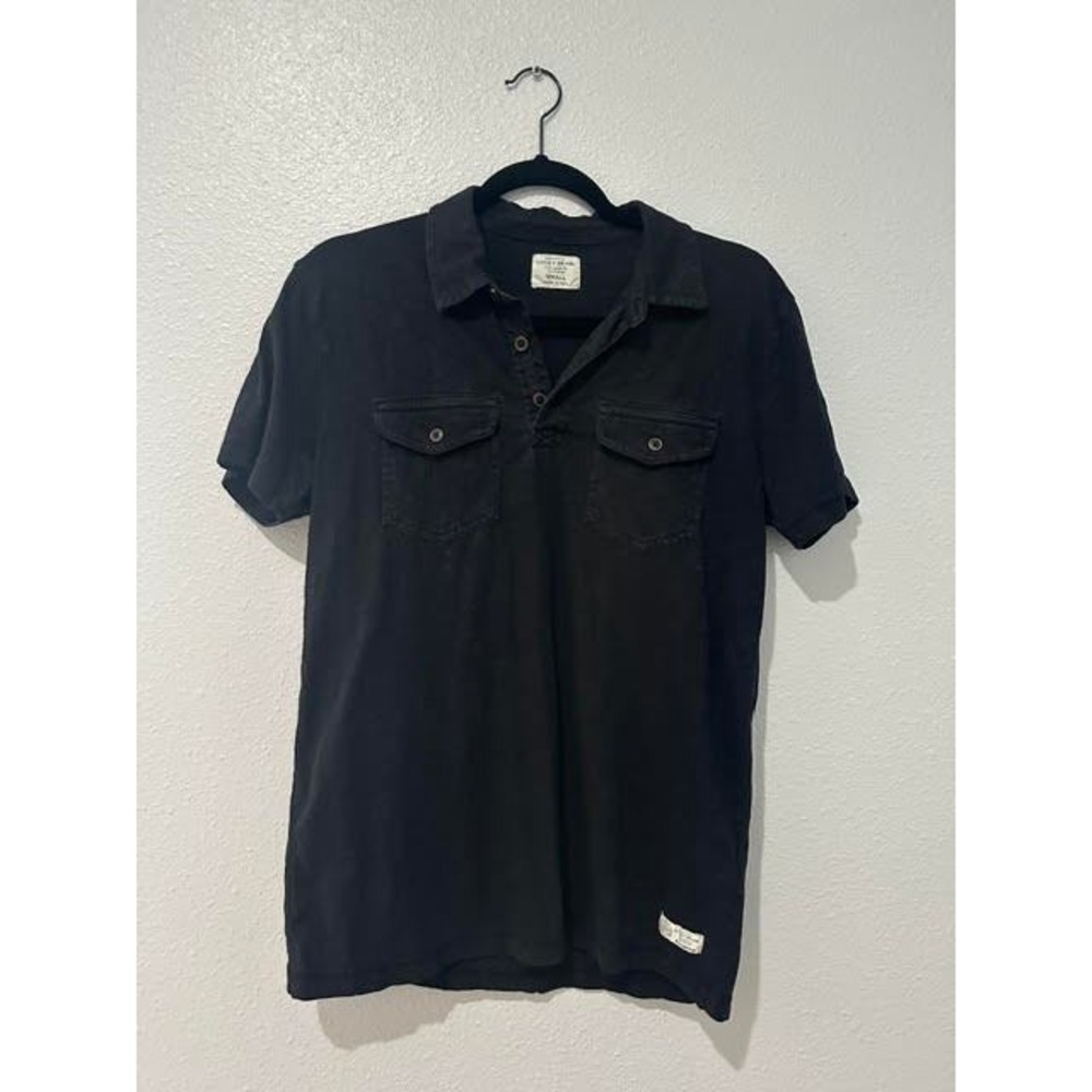 Lucky Brand Mens Black Slub Knit Short Sleeve Polo Shirt Two Pocket Small